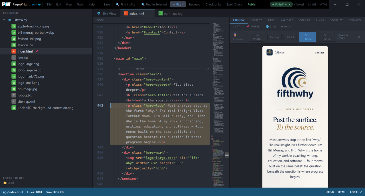 PageWright responsive preview at phone width