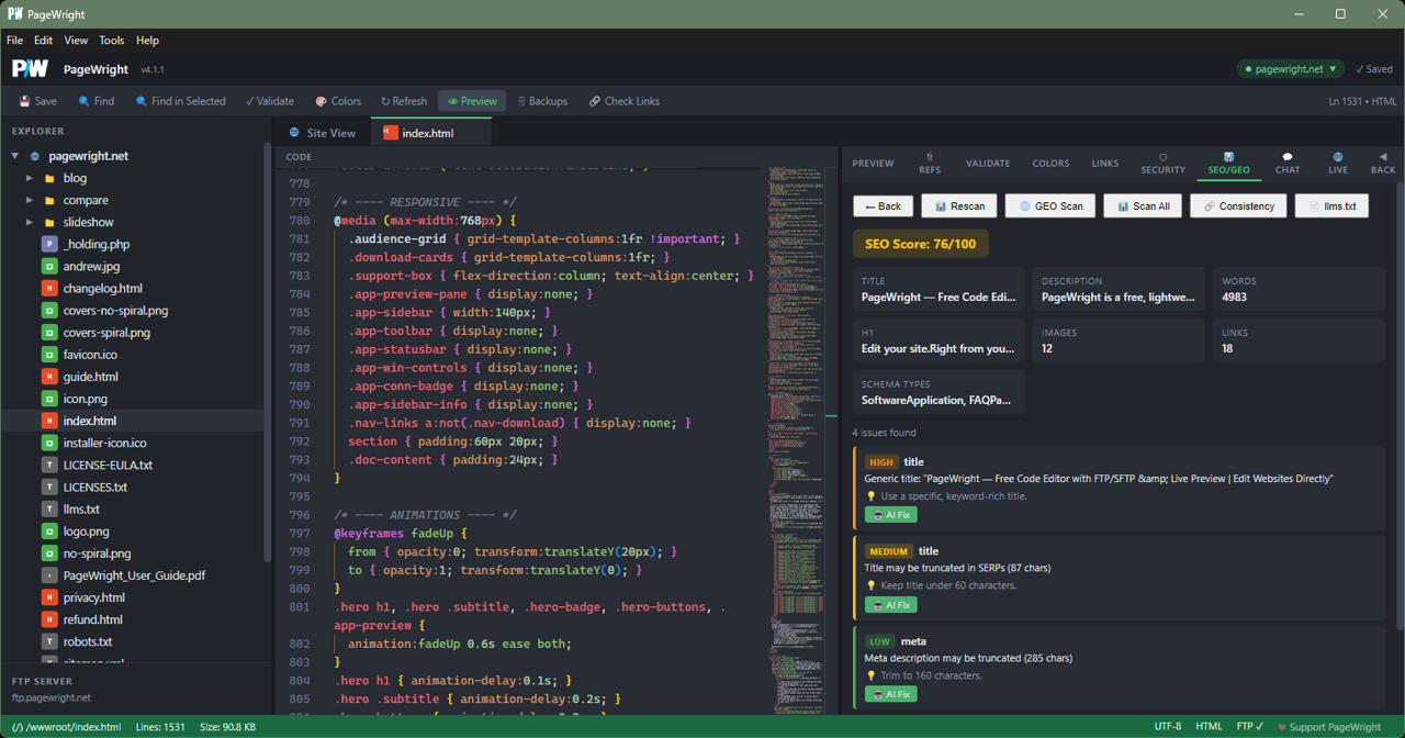 PageWright SEO/GEO AI Fix buttons for one-click issue resolution