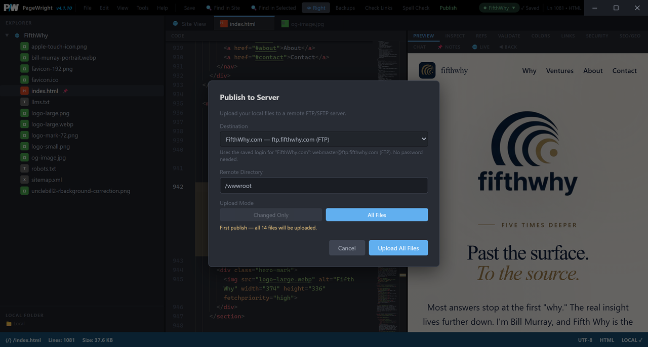 Publishing a local folder to its linked FTP site in PageWright