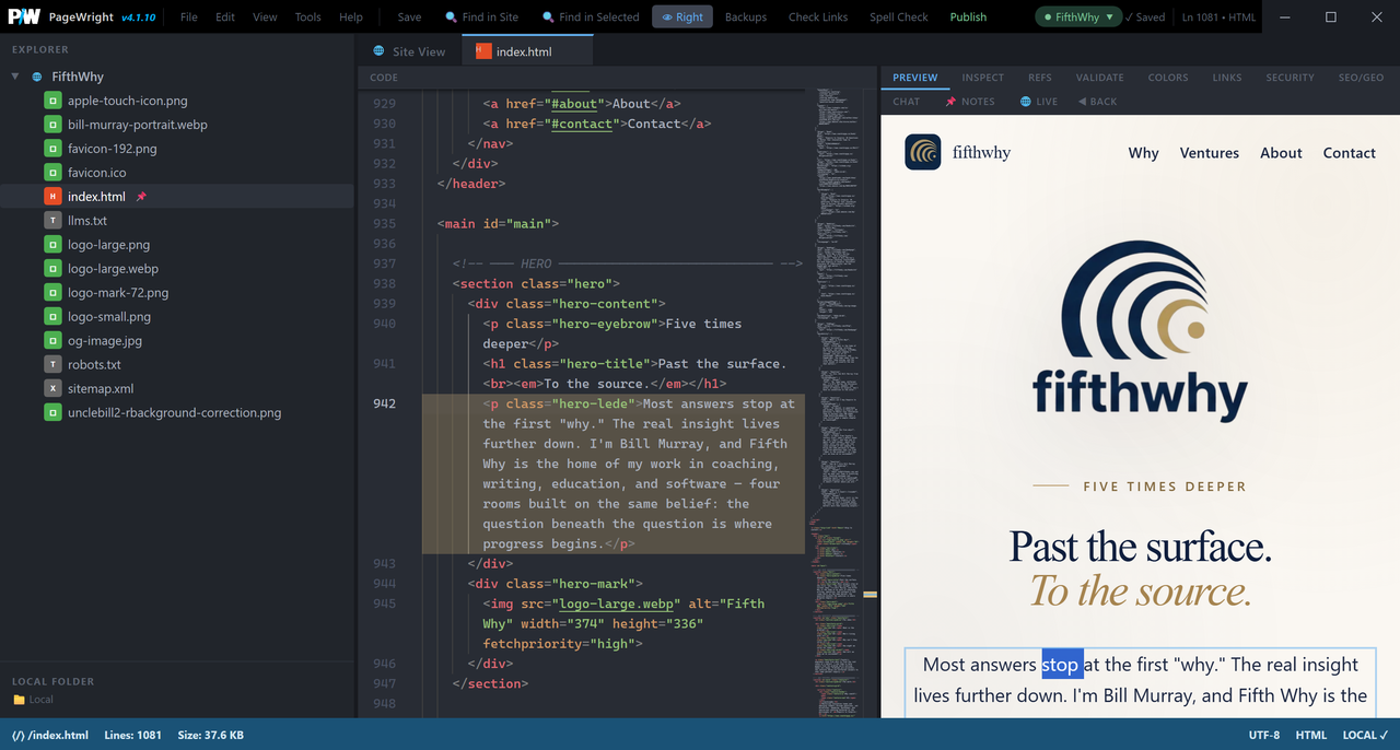 Editing text directly in PageWright's live preview