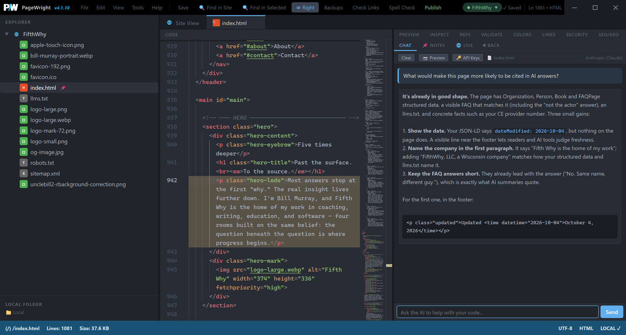 PageWright AI Chat answering a question about the open page