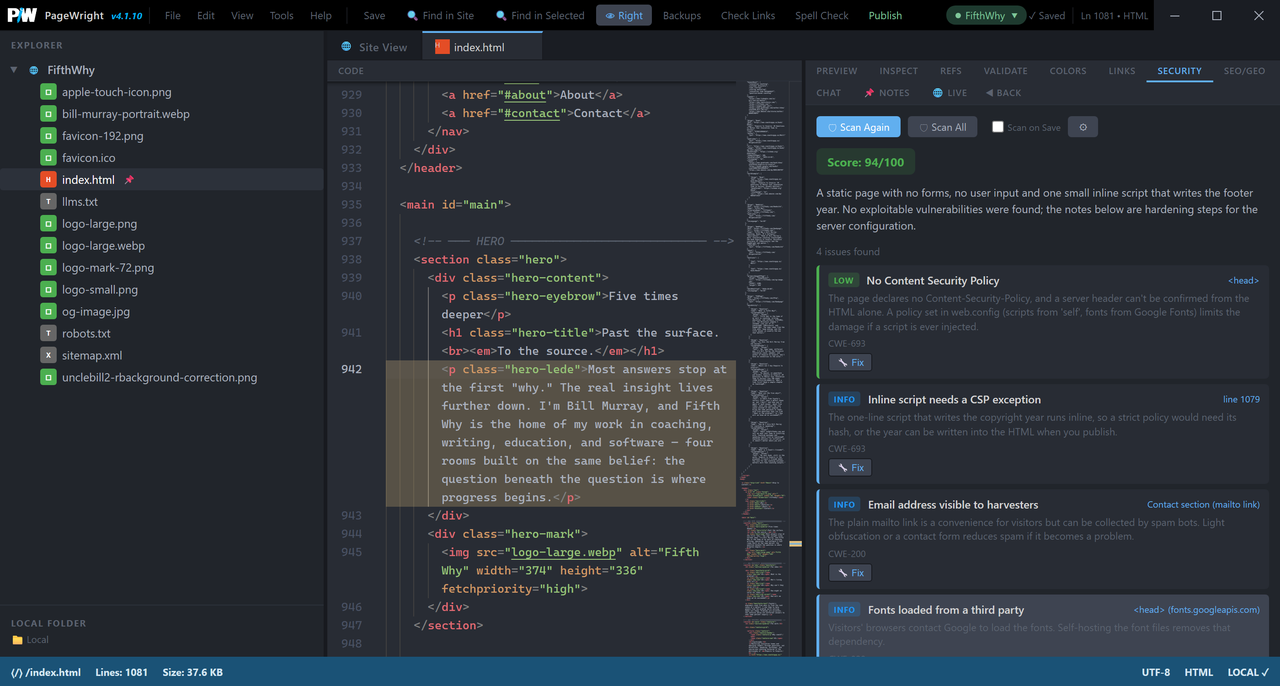 PageWright AI security scan with findings and Fix buttons